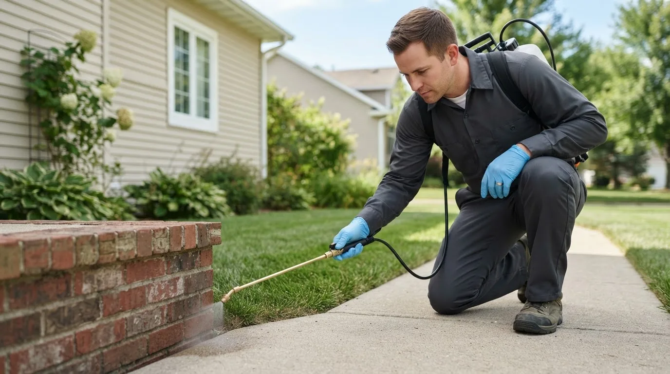 Pest control technician treating a home near Seymour, IA